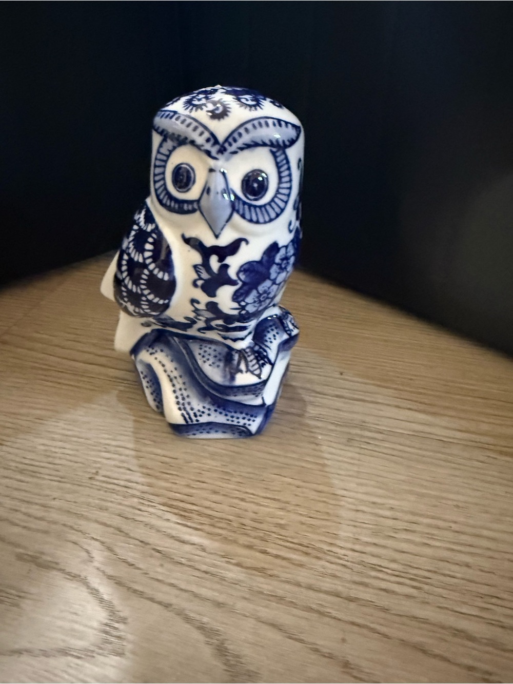 Blue and White Ceramic Owl Figurine - Decorative Home Art